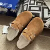 Boston Shearling Sandalet Kürk Mule Terlik Londra Clogs Tasarımcı Ayakkabı Süet Leathe Wook Cork Düz Slaytlar Moda Clog Arizona Mayari Kadın Erkekler 44