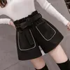 Women's Shorts Casual High Waist Pocket 2023 Winter Black Tweed Women Pantalones White Beaded Short Pants Wide Leg