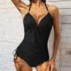 Kvinnors badkläder 2023 Kvinnor Halter Swimsuit Kvinna Push Up Beachwear Tankini XL Plus Size Bikinis Set Bathing Suit Hög midja