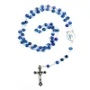 Pendentif Colliers Catholique Chrétien Marine Bleu Cristal Perles Vierge Marie INRI Crucifix Croix Rosaire Collier Religieux Baptême Jew318t