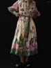 S Casual Vintage Femmes Robes Robe Française Motif Graphique Manches Longues Lanterne Bouton Revers Avant Midi Swing avec Ceinture Leeve Wing