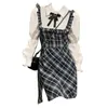 Casual Dresses Oversize Fat Girls Waist-in Bow Polo Neck Plaid Women's Dress Preppy Style Spliced Shirt