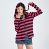 Women's Hoodies Y2K Stripe Print Hoodie Pullover Sweatshirts Cold Shoulder Long Sleeve Zipper Up Sweatshirt Slim Coat With Ear