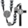 Gargantillas St Benedict Cording Rosario 8 mm Hematita Beads Collar de cruz religiosa Católico Rosarios tejidos negros 231010