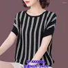 Mulheres Camisetas Moda Mulheres Listradas T-shirt de Malha Verão Tamanho Grande Roupas Femininas Básicas Tees Manga Curta Pulover All-Match Casual Tops