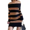 Casual Dresses Women's Autumn Winter Mini Dress Sexy Cute Fashion Slim Fitted Long Sleeve Off Shoulder Knit Striped Sweater Streetwear