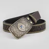 Bälten Western Pu Leathers Cowboy Buckle Belt för män och kvinnor jeans graverade blommor metallnit