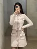 Women's T Shirts 2023 Autumn/Winter French Pearl Button Heavy Duty Cardigan Doll Neck Coat High Waist Half Skirt Two Piece Set For Women