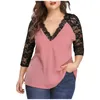 T-shirt grande taille pour femmes Blouse en dentelle de grande taille femmes été automne décontracté à manches longues col en V dentelle Patchwork chemise dames hauts tunique Blouses Blusas 5XL 231011