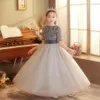 Glänsande bollklänning Flower Girls Dresses For Weddings Blingbling Short Sleeve Appliced ​​Boho Kids First Communion Dress Födelsedagsfest Piano Vintage Pageant -klänningar