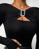 Kadın Tişörtleri moda kadın bluz 2023 Bahar Buckled Seksi Hollow Out Uzun Kollu Sıradan Düz V yaka Sıska Sıska Günlük Tee Top Y2K Giysileri