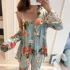 Home Kleding Bloemenprint Damespyjama Set 3-delig met lange broek Zomer Dames Homewear Ijszijde Lente Nachtkleding Satijn Nachtkleding