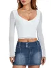 Damen T-Shirts Damen Slim Fit Ausgehen Crop Tops Casual Patchwork Rundhals Langarm Enges T-Shirt Basic Streetwear