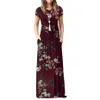 GULE Short Sleeve Summer Pleated Empire Waist Round Neck Floral Maxi Long Pockets Dress 210329289d