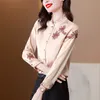 Langarm-Satin-Hemd, beige, Damen-Designer-Bluse, Übergröße, Herbst-Winter, Revers, klassisches Hemd mit Knöpfen, 2023, süßes, schickes Büro-Damen, Landebahn, formelle Tops, Übergröße