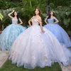 Aqua Blue Ballkleid Quinceanera Kleider Vestidos De 15 Jahre Party Applique 3DFlower Cinderella 16 Geburtstag Prinzessin Kleider