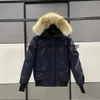 Piumino pilota da uomo canadese di design, vera pelliccia di lupo, parka in tela con cappuccio, lettera, caldo e spesso, piumino d'oca invernale da donna