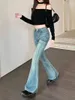 Women's Jeans Chic Pocket High Waist Skinny Flare Lady Streetwear Slim Boot Cut Full Length Cargo Denim Pants