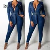 2020 Denim Jumpsuit Women Long Sleeve Front Zipper Jeans Rompers Women Jumpsuit med Sashes Plus Size Belted Streetwear Overal239o