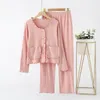 Vêtements de nuit pour femmes Femmes Style coréen Solide Couleur Pyjamas Ensemble Coton Cardigan Pyjamas Manches Longues Costume Femme Doux Doux Homewear