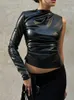 Women's T Shirts Black Y2k Top Folds Aesthetic Clothes O-Neck Roupas Femininas Estilosas One Shoulder Long Sleeve Ropa De Mujer Sexy