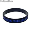 100 Stück Back The Blue Line Silikonkautschuk-Armband, dicke oder dünne Buchstaben, Logo, Erwachsenengröße, als Werbegeschenk240O