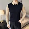 Suéter masculino 4 cores outono inverno cor contrastante turn down colarinho para homens roupas negócios casual slim fit pull homme preto 3xl