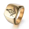 Retro-Stil Edelstahl Ring Hip-Hop Gold Herrenmode Maurer Freimaurer Siegelringe mit schwarzem Mason Symbol Deep Clear268D