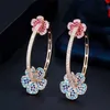 CWWZircons Designer élégant Micro Pave bleu rouge CZ couleur or clair grande fleur ronde boucles d'oreilles pour femmes bijoux cadeau CZ810 21281y