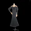 مرحلة ارتداء رقص قاعة الرقص فستان أسود دانتيل طويل الفالس ممارسة الملابس الأداء الاجتماعي Prom Club JL5818