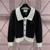 Stickad Cardigan Womens Black and White Matching Lapel Cardigan Sweater Casual Coat Fashion Chest Badge Design