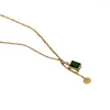 Pendant Necklaces Stainless Steel Green Square Stone Necklace Shiny Luxury CZ Tassel Disc For Women Drop