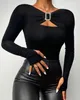 Kadın Tişörtleri moda kadın bluz 2023 Bahar Buckled Seksi Hollow Out Uzun Kollu Sıradan Düz V yaka Sıska Sıska Günlük Tee Top Y2K Giysileri