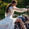Chiffon A-Line Split Open Leg Wedding Dresses Spaghetti Straps Lace Appliques V-Neck Bride Backless Beach Bridal Gowns