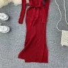 فساتين للنساء 2023 تصميم جديد للأزياء للسيدات v-teler مع زر حزام مرن مرن bodycon tunic midi long vent jag dress coll color