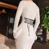 Casual Dresses Elegant White Flare Long Sleeve Maxi For Women Sexy V-Neck Lace-up Bodycon Party Dress Evening Club Outfits 2023