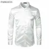 Chemise en Satin de soie blanche élégante hommes Chemise Homme décontracté à manches longues coupe cintrée chemises habillées pour hommes Chemise de mariage d'affaires 200925206s