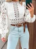 Kadın bluzları İlkbahar Yaz Kadınları Hollow Out Loungewear Hardigan Gömlekleri Görüyor Uzun Fener Sleeve O-Neck Ladies Top Street Giyim