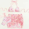 Damenbadebekleidung Rosa Druck Dreiteiliger Badeanzug Frauen 2023 Sommer Strand Mädchenhafter Stil Bikini Hohe Taille Gaze Rock Badeanzug Tanga