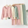 Vêtements de nuit pour femmes Femmes Style coréen Solide Couleur Pyjamas Ensemble Coton Cardigan Pyjamas Manches Longues Costume Femme Doux Doux Homewear