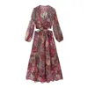 Casual Dresses Zevity Women Vintage V Neck Paisley Flower Print Waist Cut Off Chiffon Midi Dress Female Chic Long Sleeve Court Vestidos