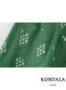 Women's Pants KONDALA Vintage Embroidery Green Wide Leg Women Fashion 2023 Summer High Waist Pockets Button Calf-Length Trousers