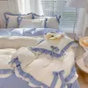 Yatak takımları pembe kız seti lüks prenses fırfır yay yatak keten kalıp sıcak yıkanmış pamuk yorgan kapak yastık kılıfı dekor yatak odası 231011