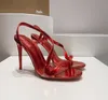 صندل مثير شفافة الربط الضحل فم الفم أحذية Sexy Stiletto Sandals الفاخرة راينستون الديكور الحفلات أحذية جلدية الاتحاد الأوروبي 35-42 مع صندوق