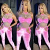 Tweedelige damesbroek mager roze 2 sets Vrouwelijke pakken Patchwork Mesh Top Bijpassende effen Bodycon uitgehold Sexy Clubwear