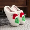 Zapatillas Gorro de Navidad Zapatillas de Felpa Invierno para Mujer Cálido Lindo Hogar Zapatillas de Monstruo de Pelo Verde Zapatillas Divertidas Zapatos de Cotten Antideslizantes x1011