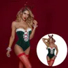 Tema traje erótico roupa interior para mulheres natal porno lingerie espartilho terno sexy bodysuit senhora bonito alce cocar verde uniforme t231011