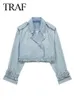 Women's Jackets TRAF Woman Denim Jacket With Belt Cropped Jean Jacket For Women Frayed Streetwear Women's Spring Jackets Long Sleeve Crop Top 231010