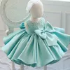 Luxurious Flower Girl Long Train With Bow Bead 3D Flowers Appqulies Ball Gown Princess Holy Fisrst Wears Birthday Party First Communion Dress 403