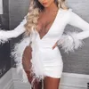 Casual Dresses White Feather Mini Dress Mesh Insigned Empelled Party Sexy Women See Through Nightclub3005